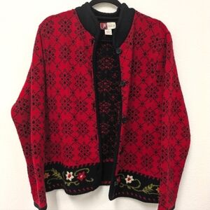 Y2K JM Collection Red & Black Knit Floral Sweater Cardigan sz L Holiday